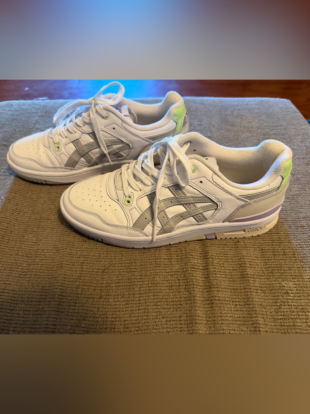 ASICS White Sneakers with Gray Stripes and Neon Green Accents